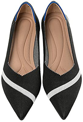 MACHSWON Women’s Ballet Dressy Flats Pointed Toe Knit Dress Shoes Slip On Casual Foldable Ballerina Walking Shoes (Black & White, Size 8)