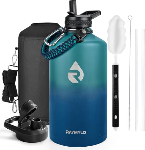 RAYMYLO One Gallon Water Bottle Insulated, Triple Walled Vacuum Stainless Steel (Cold for 48 Hrs), Leak Proof & Non-BPA, Large Water Flask Jug with Paracord Handle & Straw Spout Lids