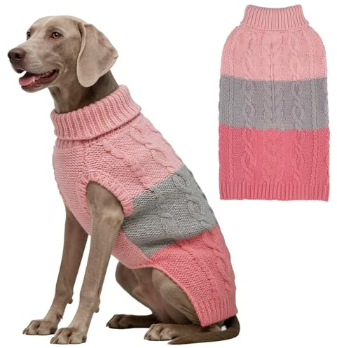 EXPAWLORER Farbblock Hundepullover - Modische Gestrickte Hundekleidung Welpenpullover, Rollkragen Hunde Pullover für Kleine Mittelgroße Große Hunde, Rosa L-XL