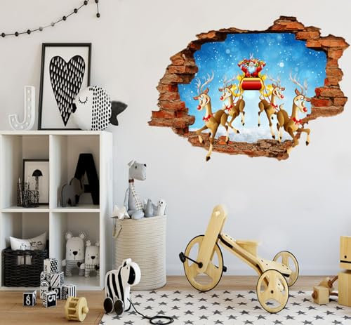 2-teilige 3d Zerbrochene Wand Elch Weihnachtsmann Wandaufkleber, Wohnzimmer, Kinderzimmer, Weihnachtsdekoration, Selbstklebende Papiertapete, 50 Bis 70cm