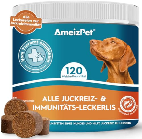 AmeizPet Tutti Gli Snack Contro Prurito E Immunità, Dolcetti Per Il Prurito E L'immunità Alla Pelle Del Cane, Immunità Digestiva E Dolcetti Da Masticare Per Il Pelo, 120 Dolcetti