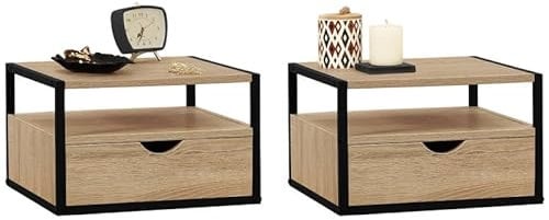 IDMarket - Lot de 2 Tables de Chevet murales Detroit 1 tiroir + 1 Tablette Suspendus Bois et métal Noir Design Industriel