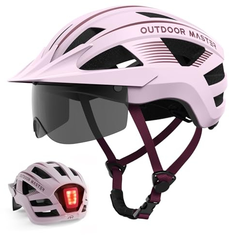 OutdoorMaster Helmets for Adults - Mountain & Road Bike Helmet with Rechargeable Safety Light, Detachable Goggles and Sun Visor - Easy to Adjust, Breathable, Lightweight - Medium