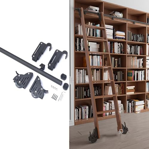Retractable Hook On Rolling Library Ladder Track Bracket(No Ladder),Black Pulley Type Horizontal Wall Mount Sliding Library Ladder Hardware Kit System，with Floor Roller Wheels (Size: 3.3ft/100cm tr