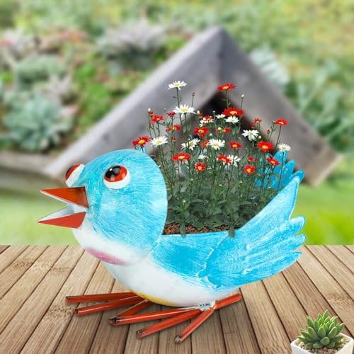 Metal Cute Bird Planter,Fun Garden Flower Succulent Pot Indoor Outdoor Decor .Unique Animal Planter Flower Pots Gift Ideas for Mother and Teacher
