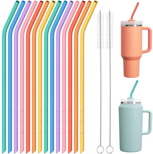 NiHome 14PCS Bent Silicone Straws Fit for Stanley 40oz 30oz Tumbler, 14” Extra Long Reusable Drinking Straw, Flexible Can Cut Length for 1/Half Gallon 75 64 OZ Large Water Bottle, 2 Brushes (Morandi)
