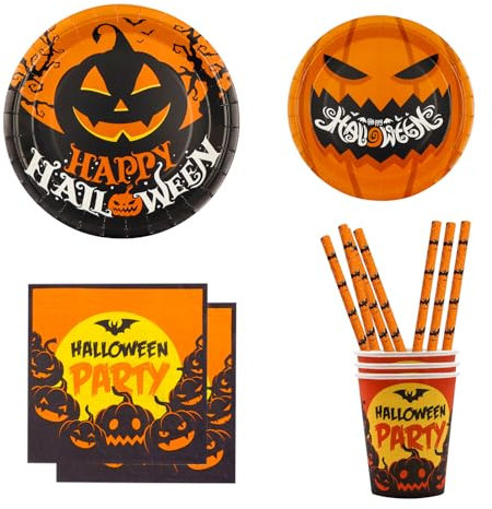 Eledreme Helloween Geschirr Set,10 Sätze kürbis deko Halloween tischdeko, Inklusive Helloween pappteller, pappbecher Halloween servietten, strohhalme,für HelloweenParty Deko