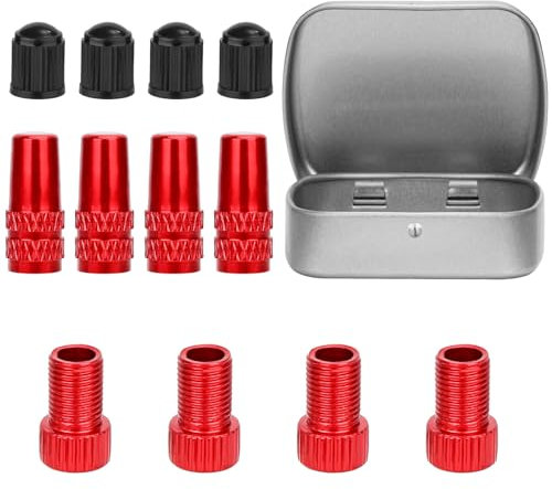 12 Adaptadores Válvula Bicicleta, Adaptadores Válvula Bomba Bicicleta Aleación de Aluminio y Plástico con Caja Almacenamiento Adaptadores Bomba Aire Neumáticos Bicicleta (Rojo)