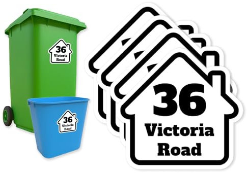 4 x Personalised Waterproof Wheelie Bin Stickers | Custom Dustbin Labels with House Number & Street Name | Peel & Stick Durable Bin Stickers 140 x 150mm (Design 3)