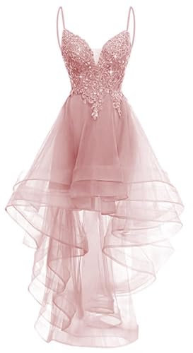 YIANN Robe de bal en tulle avec appliques en dentelle pour adolescents avec bretelles spaghetti et col en V, robe de bal formelle, rose, 34