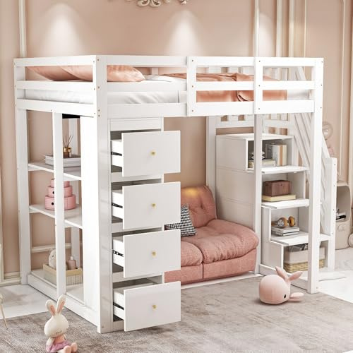 Dolamaní Hochbett 140 x 200 cm mit Aufbewahrungsschublade Kommode und Regalen, Stauraum Sicherheits Treppe, Kinderbett Jugendbett Bettgestell mit Lattenrost (Weiß)