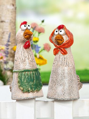 Dekorative Garten-Zaunfiguren Hühner, 2er-Set, 21 cm, Keramik-Figuren in Hellbraun mit Grün und Rot