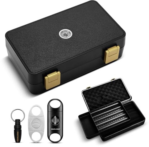 CLZOONG Cave à cigares de voyage portable double couche avec accessoires pour cigares, hygromètre, humidificateur, cutter droit et coupe-V et perforateur, peut contenir 10 pièces, étui étanche, joint