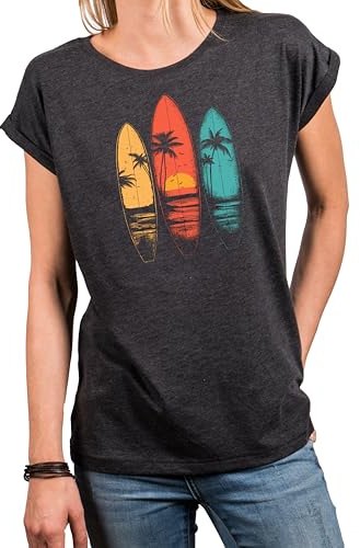 MAKAYA Damen T-Shirt Vintage Surf Motiv - Surfer Style Surfbrett