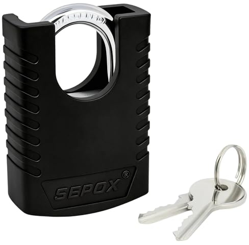 SEPOX Large Padlock with 2 Keys, 81 mm Overall Height, 55 mm Body Width, Black Plastic Coated Security Waterproof Lock, Metal Heavy-Duty Locks for Gate, Fence, Hasp