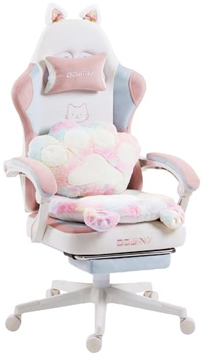 Dowinx Chaise de Gaming Ergonomique Multicolore et Blanc avec Repose-Pieds, Motif Pattes de Chat, en Tissu, Design d'assise sans Ailes, réglable, pour Adultes