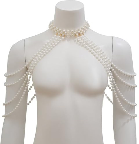 RUNRAYAY Elegante Perlenkette, mehrlagige BH-Bikini-Perlenkette, trendige Schulterkette, Schmuck für Festivals und Raves, Armband für Damen