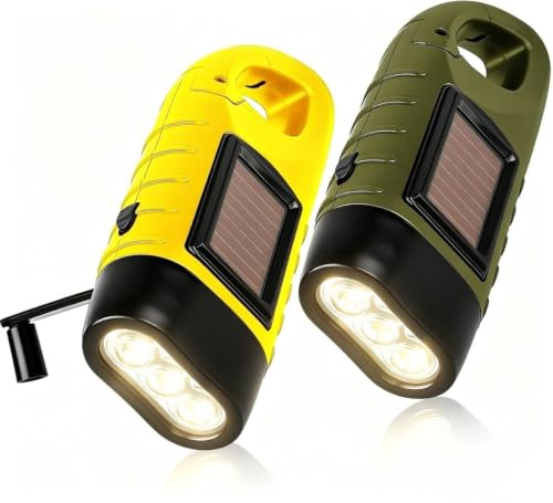 2 Pcs Linterna Dinamo con Manivela, Linterna Solar Recargable, LED Camping | Emergencia Para Emergencia, Al Aire Libre, Equipo de Supervivencia (Verde e amarel) [Clase de eficiencia energética A+++]