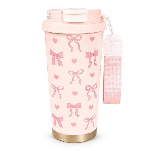 Aurelx Bow Water Bottle, Stainless Steel Insulated Coffee Cup, Bow Gifts Coffee Cup Travel Mug with Leak Proof 2-in-1 Lid, Portable Reusable Travel Coffee Mug for Women Girls Birthday Christmas