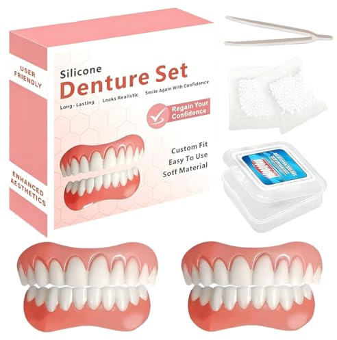 2 Sets False Teeth, Dentures Full Mouth Set, Premium Dentures Teeth Top and Bottom, Includes storage box, tweezers, and Teething gelatin，Fit Over Existing for Women Men
