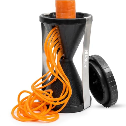 HI NATURE™ Cortador de Verduras y Espiralizador Manual – Máquina para Espaguetis de Calabacín, Zanahoria y Pepino – Rallador Espiral de Acero Inoxidable – Negro