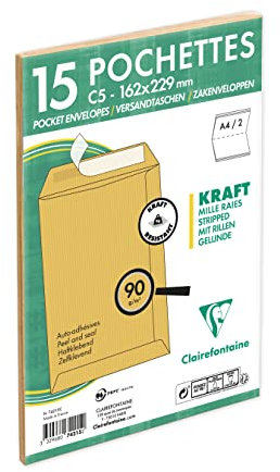 Clairefontaine 74215C - Packung mit 15 Versandtaschen mit Rillen Kraftbraun C5-162x229 mm, selbstklebend, 90g, 1 Pack