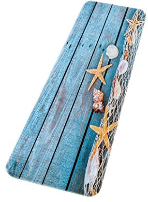A.Monamour Badematten Badteppiche Badvorleger Retro Blau Holz Fußboden Angeln Netz Muschel Muscheln Starfish Nautisch Gedruckt Saugfähigen Flanell Dekorative Badematten Teppiche Für Bad Duschzubehör