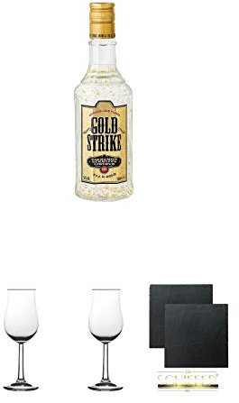Bols Gold Strike Zimtlikör mit echtem Blattgold Holland 0,5 Liter + 2 Bugatti Nosing Gläser mit Eichstrich 2cl und 4 cl + 2 Schiefer Glasuntersetzer eckig ca. 9,5 cm Ø