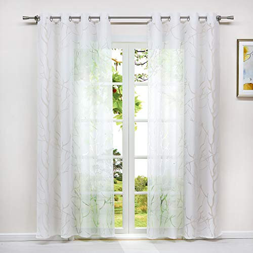 HeichkelL Gardine mit Ösen aus Voile Transparente Ausbrenner Vorhang 1 Stück Modern Ösenschal Fensterschal in Baumäste Muster Weiß BxH 140x145 cm