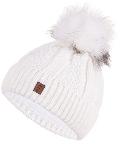 Faera Wintermütze Mütze Damen warm gefüttert Kunstfell Bommelmütze Zopf-Strickmuster Fleecefutter Bommel Winter Herbst Strickmütze Beanie Mädchen 61, Farbe:Weiß