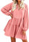 FANCYINN Robe Droite à Manches Cloche à Volants pour Femmes Babydoll Mini Robe décontractée en Lin avec Poches à Manches Longues Rose XL