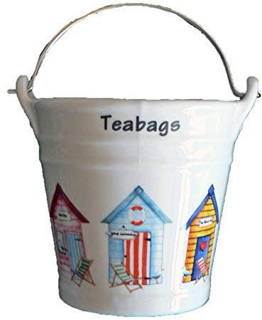 Beach hut design Bucket teabag tidy, porcelain bucket teabag tidy