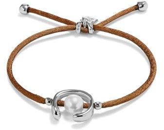UNO de 50 | Pulsera de Hilo Marrón con Perla Shell | Plata de Ley | Diseño Artesanal | Creativo