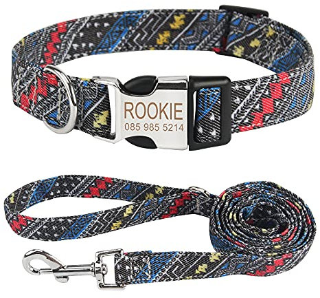 Piang Gouer Personalisierte Hundehalsband Vintage Böhmen Haustierhalsband Benutzerdefinierter Name und Telefonnummer Hundehalsband Tag Katzenhalsbänder für kleine mittelgroße Hunde(Blau-Set-S)