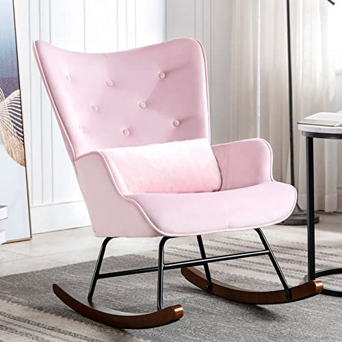 HomeMiYN Schaukelstuhl Samt Schaukelsessel mit Metallgestell und Holzsockel Polstersessel für Wohnzimmer Retro Sessel Freizeit Relaxstuhl für Wohnzimmer/Schlafzimmer/Kinderzimmer (Pink)