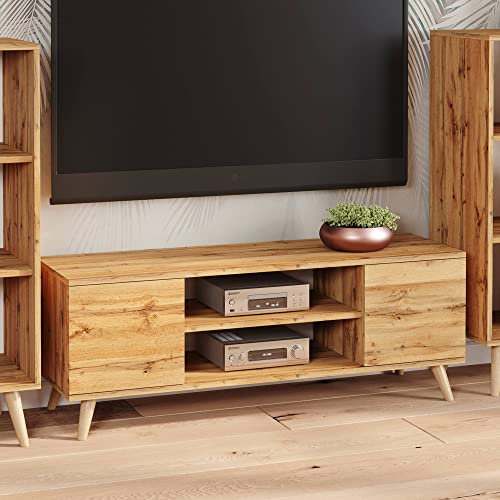 Dmora - Meuble TV Lomza, Buffet de salon, Armoire basse pour TV, Base murale de rangement, 155x40 h50 cm, Marron