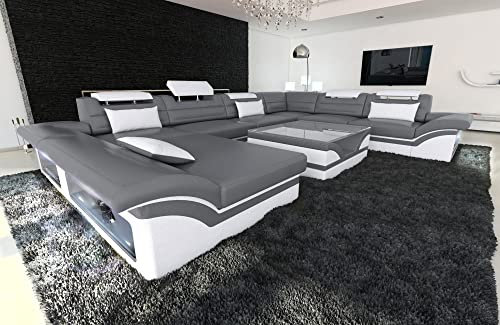 Wohnlandschaft Enzo XXL Sofa U Form Leder - mit LED Beleuchtung, verstellbare Kopfstützen, Recamiere/Lederfarben wählbar/Ausrichtung Ottomane wählbar (Ottomane Links, Grau-Weiß)