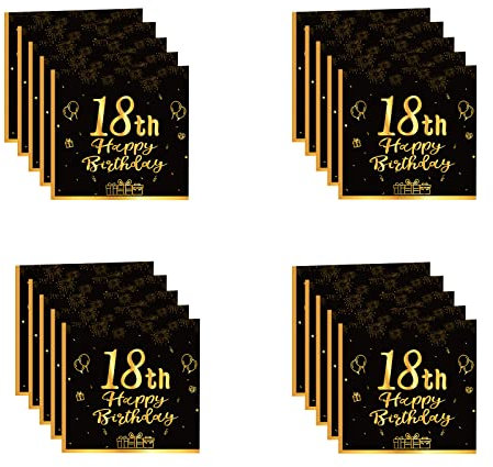 Servietten 18 Geburtstag,20 Stück Papierserviette Geburtstag,33 x 33 cm Geburtstagsservietten,Schwarz und Gold Tischdekoration für Party Geburtstag,Happy 18th Birthday Paper Napkins für 18. Geburtstag