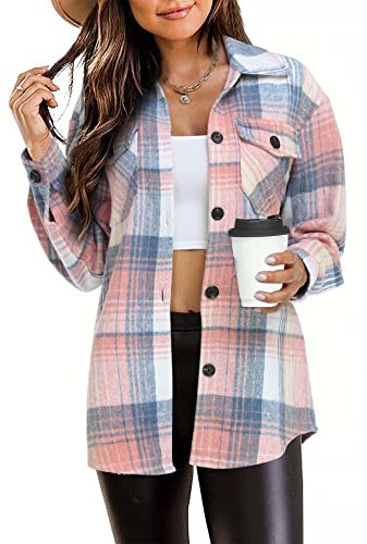Damen-Shaketjacke, kariert, lässig, Button-Down-Shirt, langärmelig, Herbstmode, Pink-Blau, XS