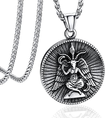 Bandmax Satan Luzifer Kette Männer Edelstahl Panzerkette Leviathan Kreuz Kette Anhänger mit Baphomet Satan Standbild Baphomet Kette Punk Gothic Schmuck Länge 55CM+5CM
