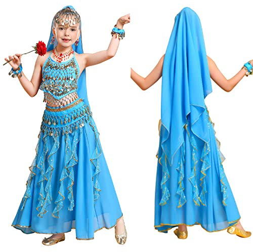 FORMIZON Bauchtanz Set für Kinder, 6-Teiliges Damen Professionel Bauchtanz Kostüm kit, Bauchtanz Kostuem Kinder Tanzkleid Karneval Kostüme Komplet Dancewear, Belly Dance Bauchtanz Kostüm (Blau, S)