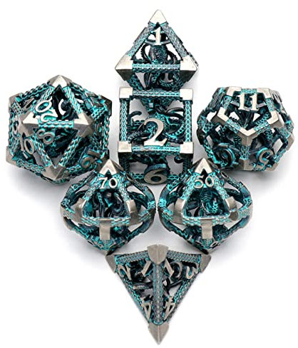 DND Würfel, Metall Spielwürfel Dungeons and Dragons Würfel Set HNCCESG Hohle 3D Cthulhu D&D Würfel Polyedrische Würfelset für Pathfinder MTG RPG DND Dice Set W20 W12 W10 W8 W6 W4 (Cthulhu Blau)