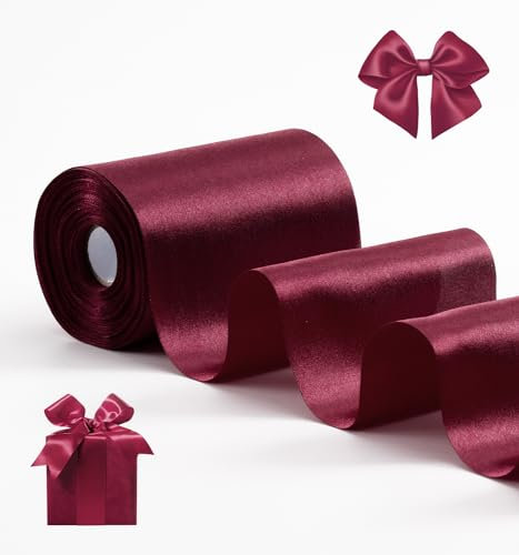 FAKILO Geschenkband 10cm Breit Satinband Weinrot Band für Grand Öffnung, Eröffnungszeremonie, Schleifenband Ringelband für Weihnachten Hochzeit Geburtstag Valentinstag Deko