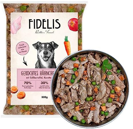 Fidelis – Gekochtes Frische-Menü Huhn für Hunde 10 x 500g - Premium Hunde Futter mit 70% Fleischanteil und frischen Zutaten - Proteinhaltiges Hundefutter nass nicht extrudiert - Zucker- & Getreidefrei