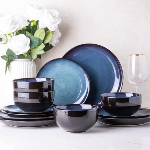 LERATIO Ceramic Dinnerware Sets for 4,12Pcs Porcelain Plates and Bowls Set