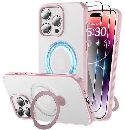 Niunisi Magnetic for iPhone 15 Pro Case with Stand, Invisible Ring Holder with Screen Protector Compatible with MagSafe Slim Frosted Matte Phone Case Cover 6.1-Inch (2023), Pink