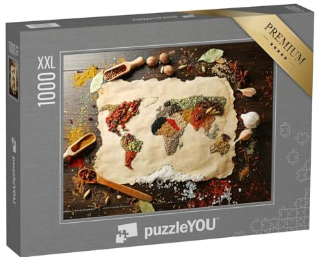 Puzzle 1000 Teile XXL „Weltkarte aus verschiedenen Gewürzen auf Holzuntergrund “