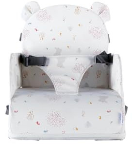 NOUKIE'S - Rehausseur Rose Blanc Bébé de 9 mois à 3 ans Chaise Enfant avec Dossier et Coussin- Léger, Pliable et Nomade - Harnais, Sécurité - Imperméable, Déhoussable et Lavable - Max 13 kg - Voyage