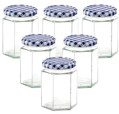 Lucenté 6PC Glass Jam Jars Preserve Pots Pickle Jars with Airtight Blue Gingham Screw Top Lids - 280ml