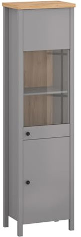 Feldmann Preiswert Wohnen Vitrine Glasvitrine Melini 55x38x200cm schiefergrau Eiche Delano hell